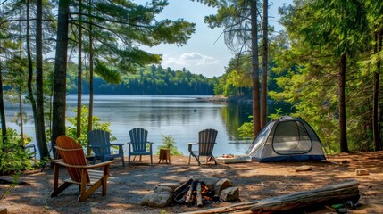 Tranquil forest camping with chairs, tent, campfire by lake for serene outdoor experience