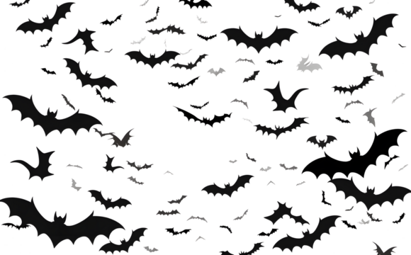 Black silhouette of bats isolated on transparent background. Halloween traditional design element. Vector illustration