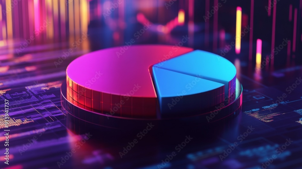 Leinwandbilder Luminous 3D financial pie chart with glowing segments, presenting data visually.