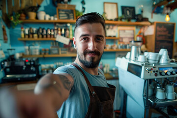 Obraz premium Modern classic interior coffee shop with friendly barista tasty takeout drink, Generative AI