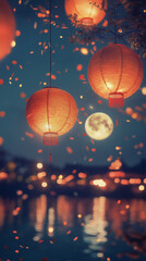 Obraz premium Family reunion, reunion dinner, Spring Festival, lanterns, festive atmosphere, moon, fireworks, realistic, photography, super high quality, award-winning work, stunning perspective, blurred foregrou
