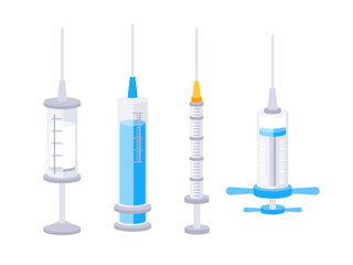 Syringes set. Medical plastic syringes of different sizes. Subcutaneous and intramuscular injections.