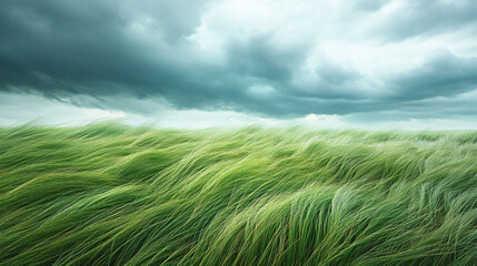 Dramatic Stormy Sky over Tall Grass Field Swaying in Strong Wind with Copy Space