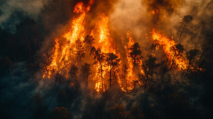 Inferno's Embrace: Aerial View of Intense Wildfire Ravaging Forest with Dramatic Destruction, Copy Space Available