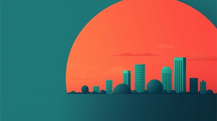 Fototapeta premium Modern cityscape at sunset with tall buildings and a vibrant sky, depicted in a minimalist and colorful illustration.