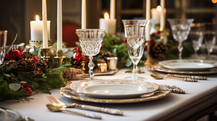 Fototapeta premium Table decor, holiday tablescape and formal dinner table setting for Christmas, holidays and event celebration, English country decoration and home styling inspiration