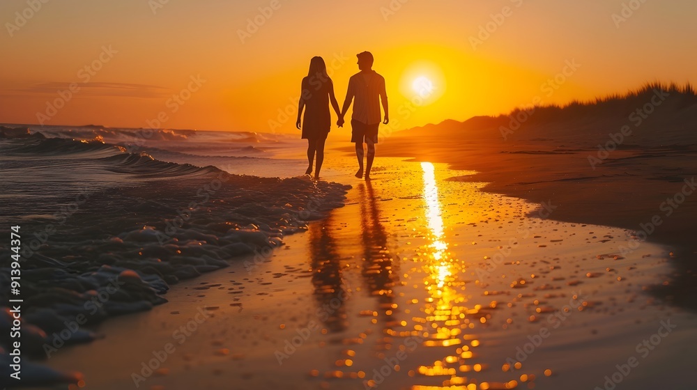 Poster Romantic Couple Holding Hands at Sunset Walking Along a Picturesque Beach