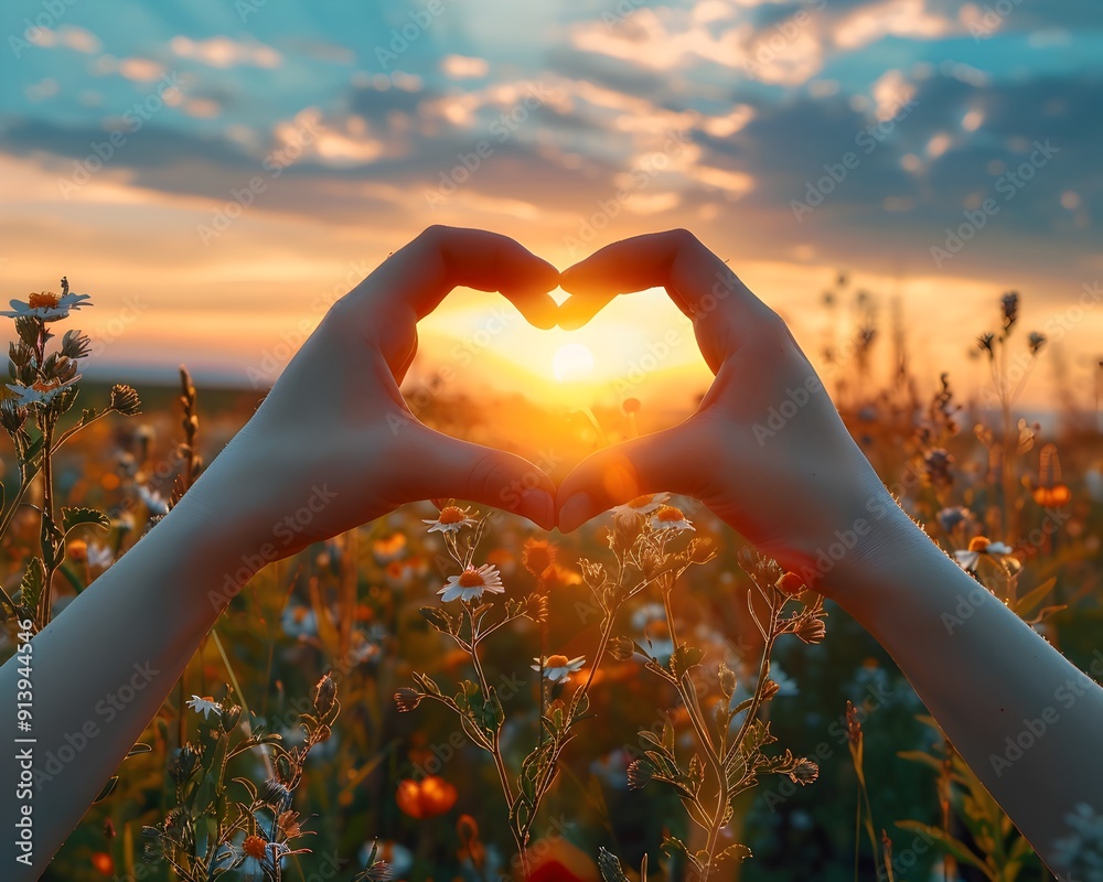 Poster hands forming a heart shaped silhouette against a breathtaking sunset landscape