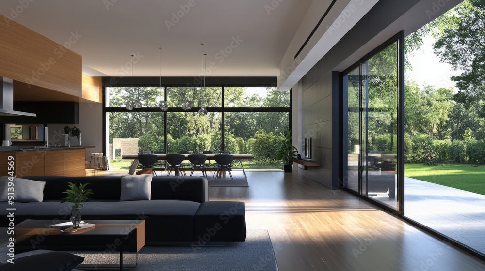 Poster minimalist modern home 3d rendering with a spacious open floor plan and outdoor patio.