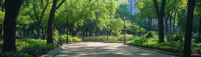 Obraz premium Urban park scene with trees and buildings 