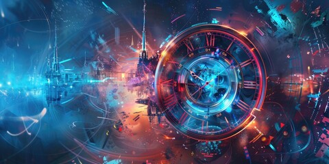 Futuristic cityscape reflected in a clock face.