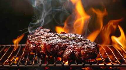 Grilled meat steak on stainless grill depot with flames on dark background Food and cuisine concept