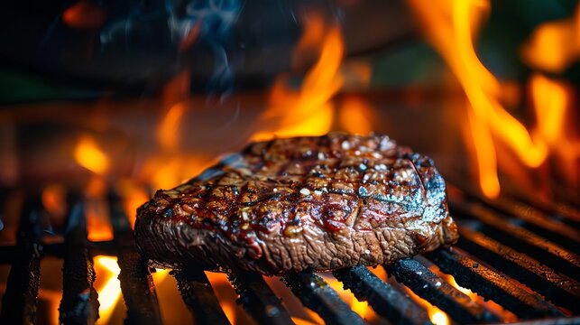 Grilled meat steak on stainless grill depot with flames on dark background Food and cuisine concept
