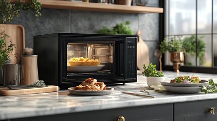 Modern microwave with a plate of food inside, on a modern kitchen counter.