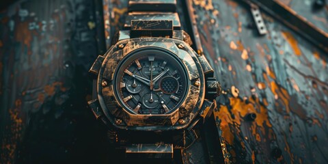 Obraz premium Close-up of a worn, black wristwatch.