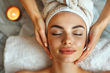 Beautiful woman enjoying a facial massage at a spa salon, indulging in self-care