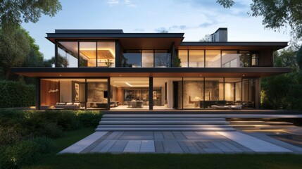 Fototapeta premium Modern house 3D visualization featuring a rooftop deck and expansive glass walls.