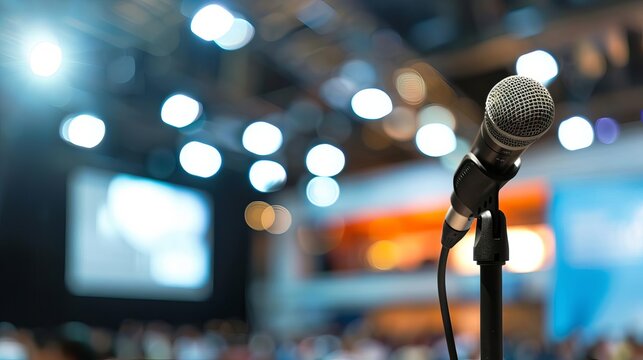 Close-up of a microphone on a stand in front of a large audience at a conference.