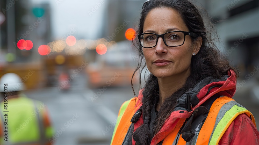 Poster Portrait of an attractive woman in worer overalls , posing confidently next to a building under construction.