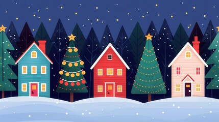 Fototapeta premium Neighborhood Christmas lights display, cheerful homes, flat design illustration