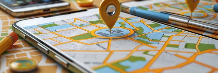 Close up of a smartphone displaying a map with a pin marking a location.