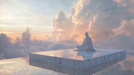 Obraz premium Engaging in Peaceful Meditation surrounded by a Beautiful Surreal Cloudscape offers deep relaxation