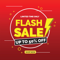 Flash Sale Red Gradient Poster. Online Ecommerce Discount Promotion Typography Template. Lightning Symbol on Closeout Colorful Badge Banner Design Vector Illustration