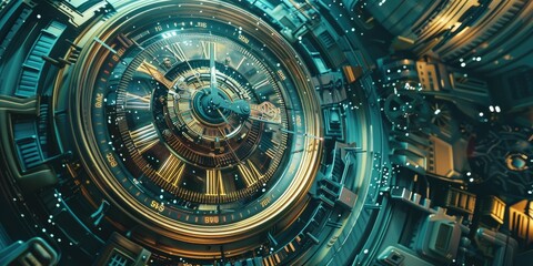 A futuristic clock face with intricate details.