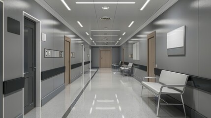 Empty hospital hallway with chairs and doors.
