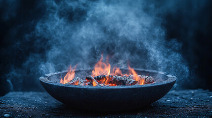 Intense Fire Pit Ambiance: Dramatic Smoke Rising in Low-Angle Shot