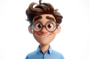 3D character of a smiling young man with glasses and brown hair, wearing a blue shirt on a white background
