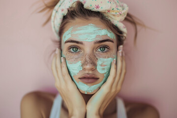 Young woman applies a fresh facial mask, her eyes conveying tranquility and the pure pleasure of pampering oneself