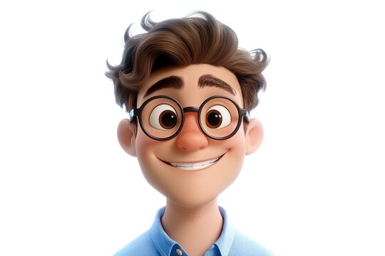 3D character of a smiling young man with glasses and brown hair, wearing a blue shirt on a white background
