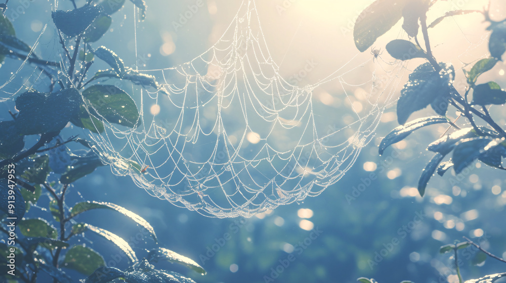 Wall mural serene macro close-up of dew drops on spider's web between branches with copy space below