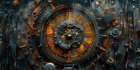 Obraz premium Steampunk clock face intricate gears.