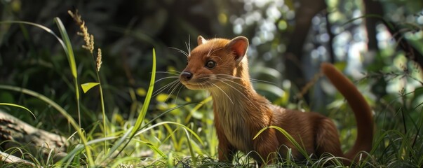 Sleek weasel in the grass, 4K hyperrealistic photo