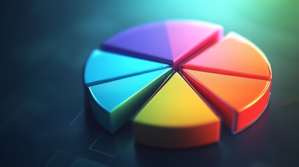 Obraz premium Radiant 3D financial pie chart with glowing segments in vibrant colors, illustrating market share.
