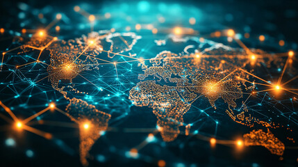 Global Connectivity Concept: Digital Connection Network Overlay on Travel Map with Landmarks Against Modern Background