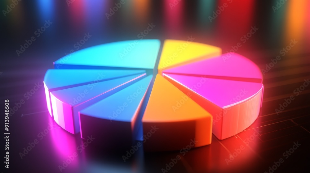 Poster radiant 3d pie chart with brightly illuminated segments, showcasing financial data clearly.