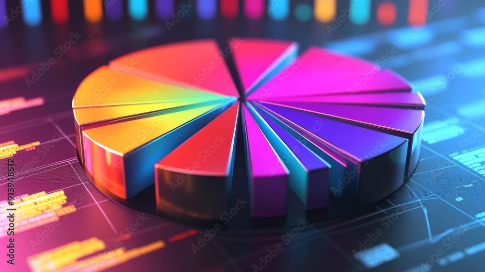 Poster radiant 3d pie chart with brightly illuminated segments, showcasing financial data clearly.