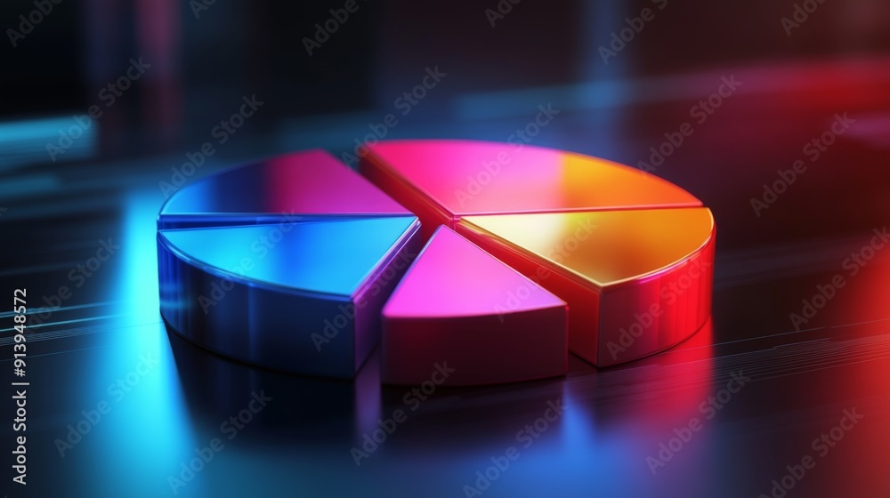 Poster radiant 3d pie chart with brightly illuminated segments, showcasing financial data clearly.