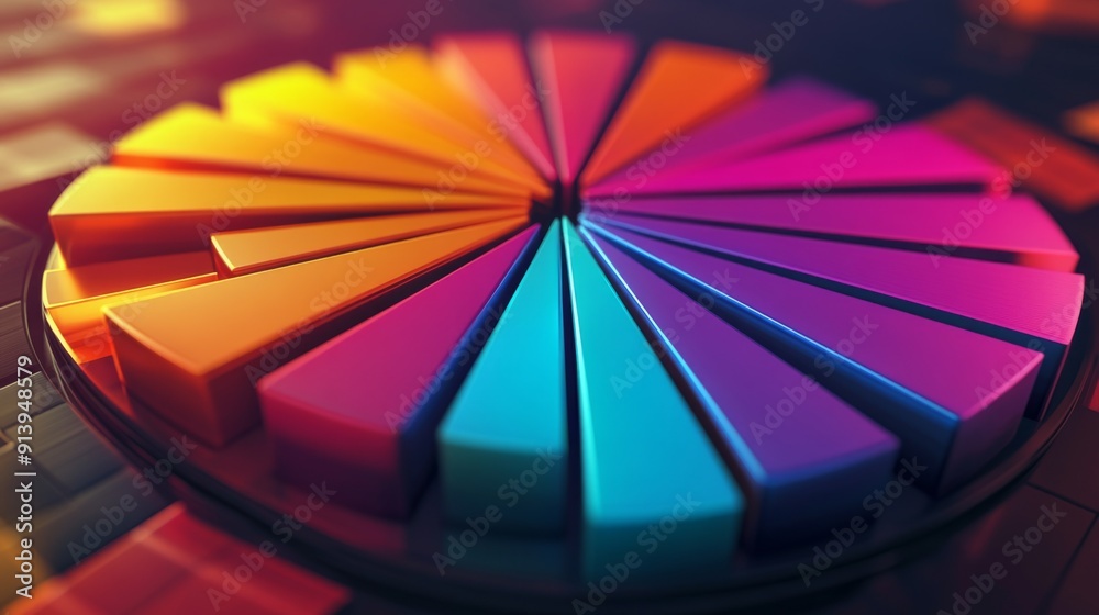 Poster radiant 3d pie chart with brightly illuminated segments, showcasing financial data clearly.