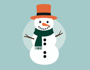 Vector drawing of a snowman wearing scarf and pot as a hat 
