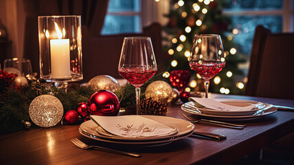 Fototapeta premium Festive date night tablescape idea, dinner table setting for two and Christmas, New Year, Valentines day decor, English countryside home styling