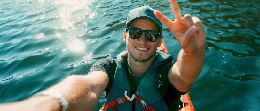 A man joyfully navigates a kayak on a serene lake, capturing a selfie as he flashes a peace sign.