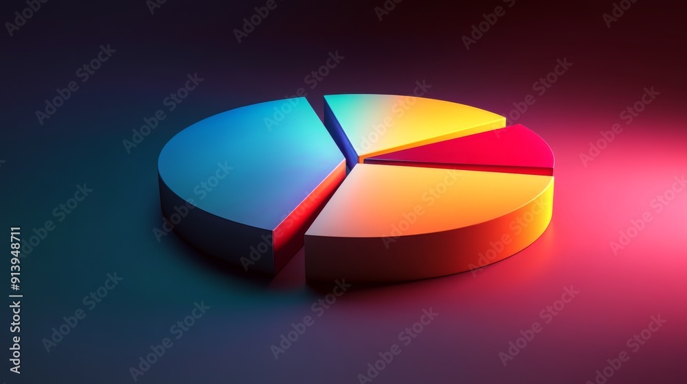Poster radiant 3d pie chart with luminous segments, illustrating financial statistics dynamically.