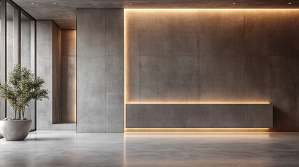 Obraz premium Modern Minimalistic Studio Cement Room with Sleek Display Units and Copy Space