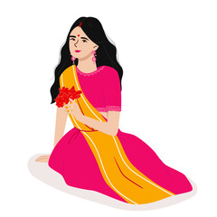 Indian Asian Bengali Woman With Flower in Lehenga With SIndoor Flat Vector Illustration