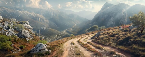 Rugged mountain pass with a winding dirt road leading into the distance, 4K hyperrealistic photo
