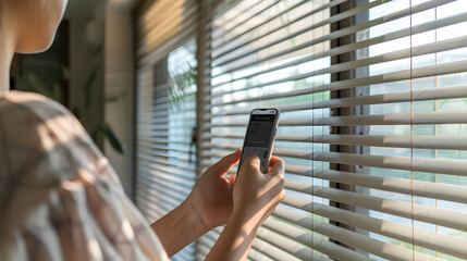 Person using smartphone app to adjust smart blinds; modern technology for home customization and comfort.